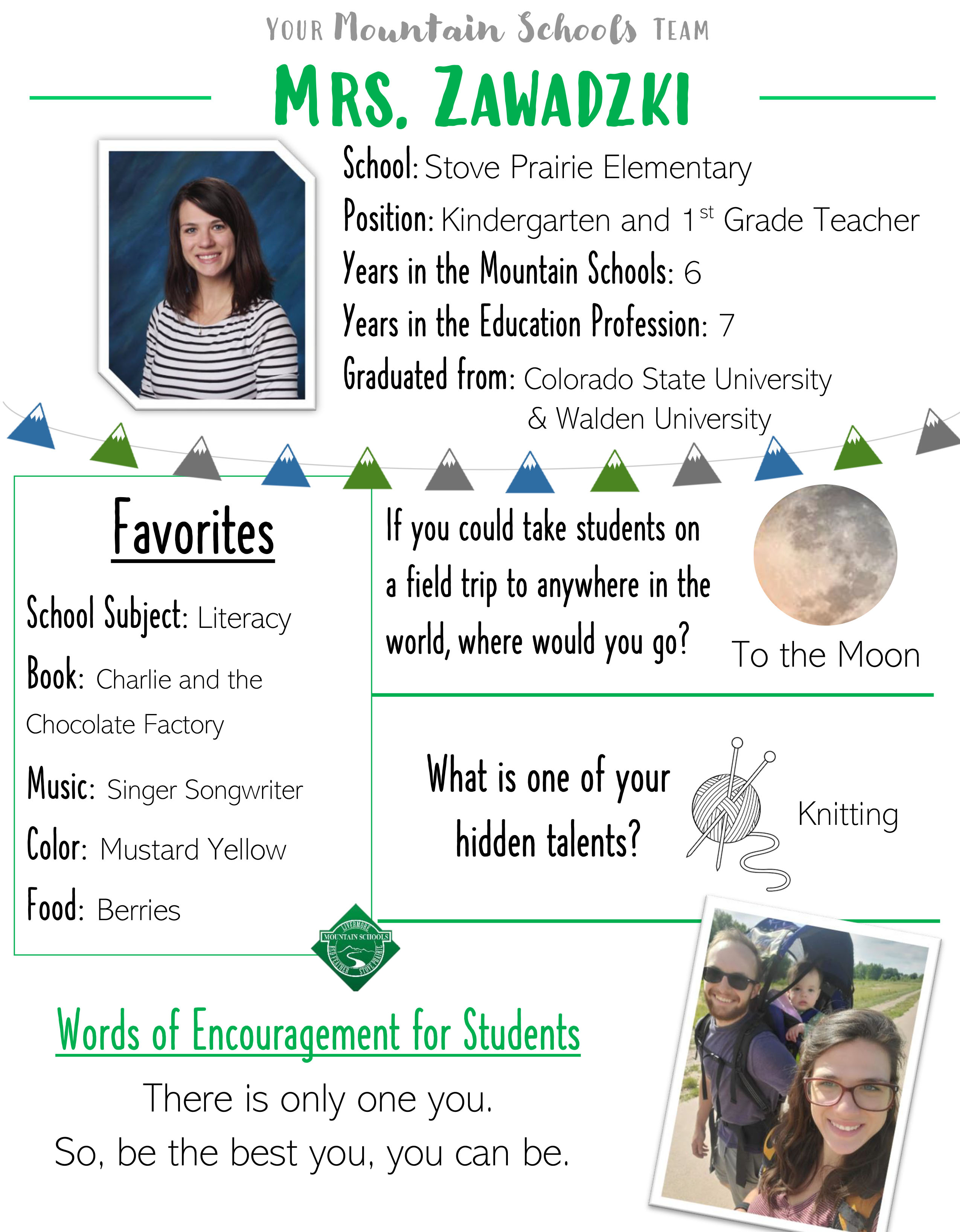 Mrs. Zawadzki. School: Stove Prairie Elementary, Position: Kindergarten and 1st Grade Teacher, Years in the Mountain Schools: 6, Years in the Education Profession: 7, Graduated from: Colorado State University & Walden University. Favorites: School Subject: Literacy, Book: Charlie and the Chocolate Factory, Music: Singer Songwriter, Color: Mustard Yellow, Food: Berries. If you could take students on a field trip to anywhere in the world, where would you go? To the moon. What is one of you hidden talents? Knitting. Words of Encouragement for Students: There is only one you. So, be the best you, you can be.